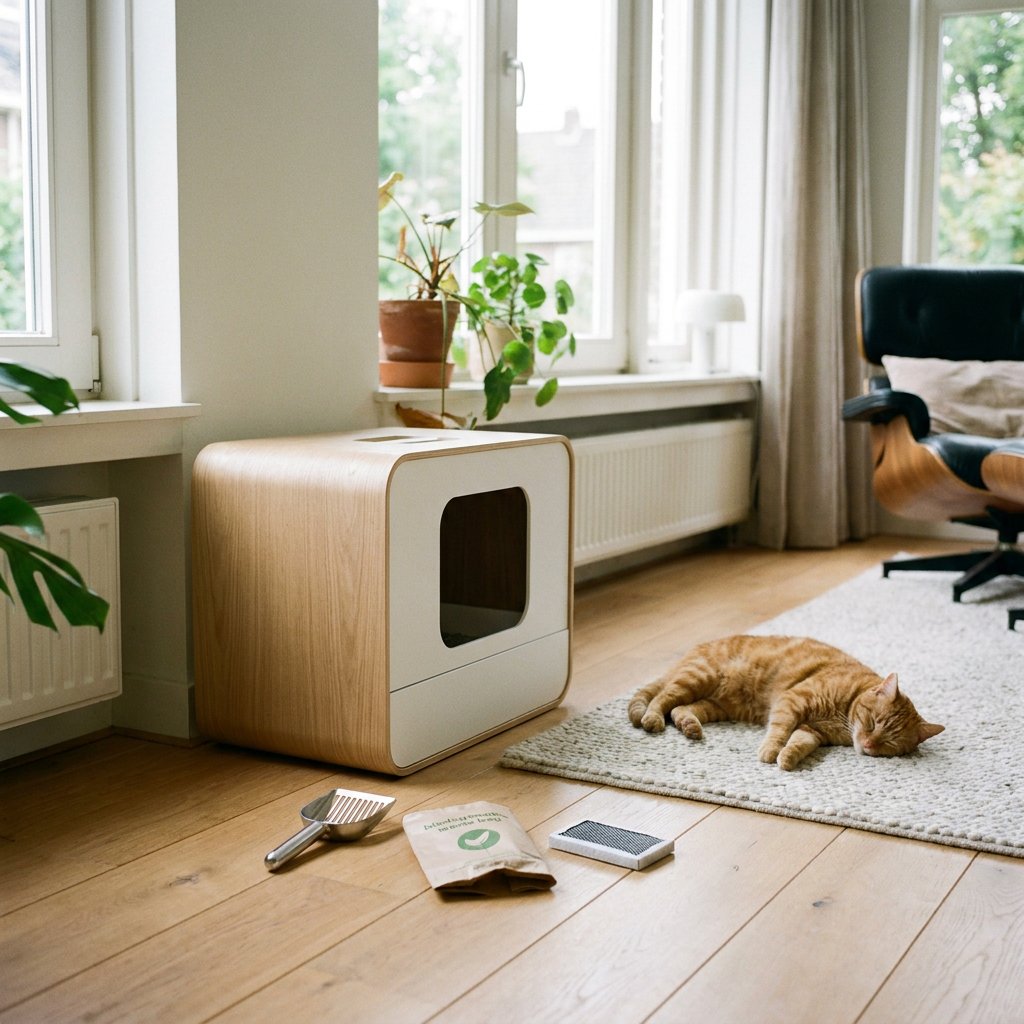 Moderne zelfreinigende kattenbak in een lichte Nederlandse woonkamer, met rustige kat erbij en subtiele schoonmaakspullen op de achtergrond.