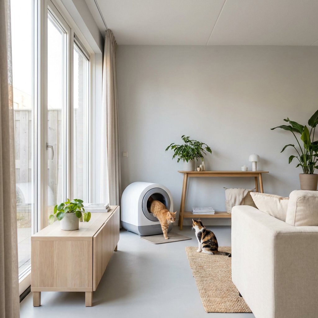 Twee huiskatten wachten nieuwsgierig bij een moderne automatische kattenbak in een lichte woonkamer, met een rustige en verzorgde sfeer.