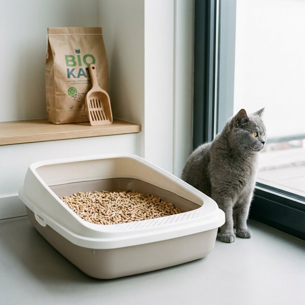 Moderne kattenbak met biologisch afbreekbare vulling van hout of tofu in een licht Nederlands interieur, terwijl een rustige huiskat erbij staat.