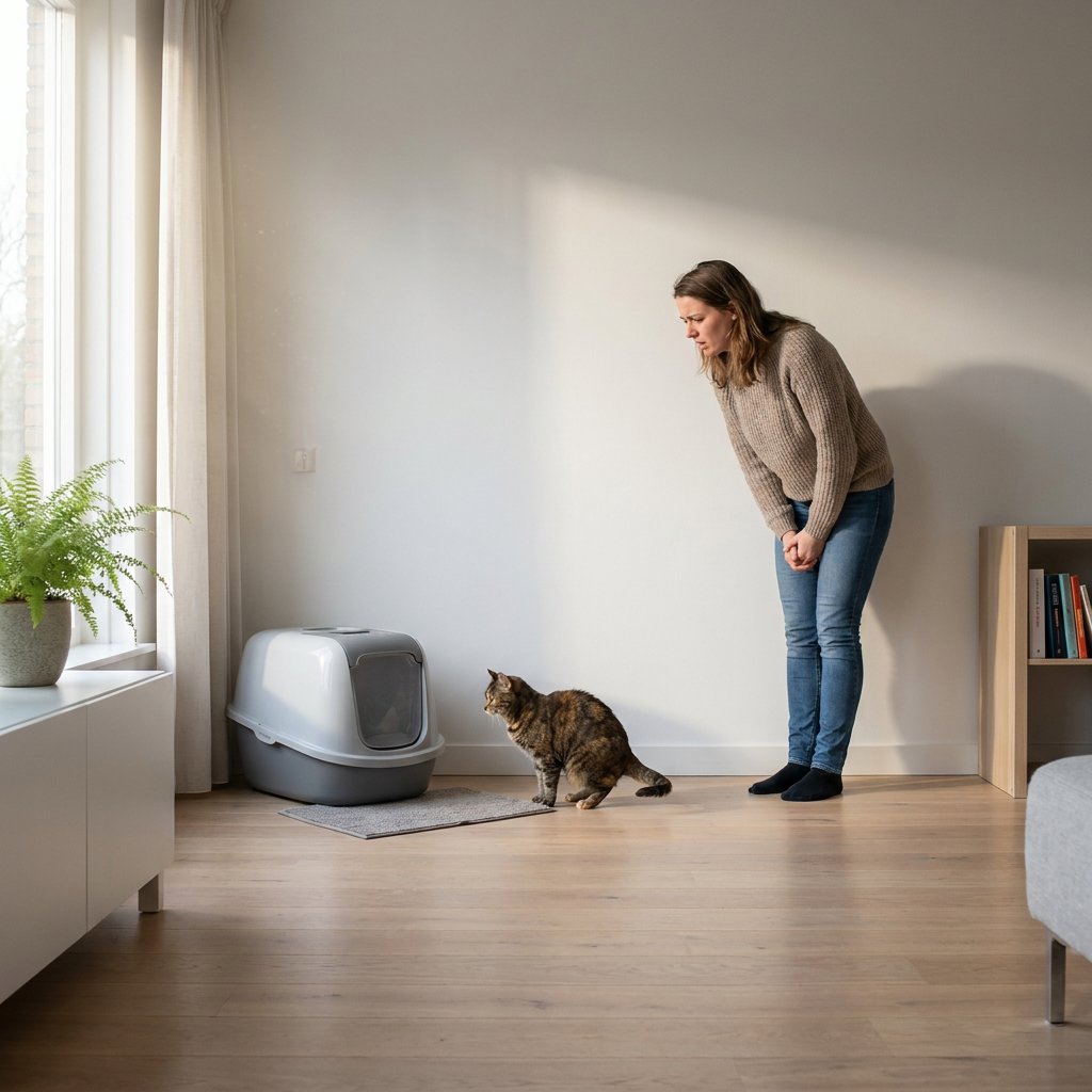 Huiskat hurkt op de vloer naast een kattenbak in een moderne woonkamer, terwijl een bezorgde eigenaar op de achtergrond naar de situatie kijkt.