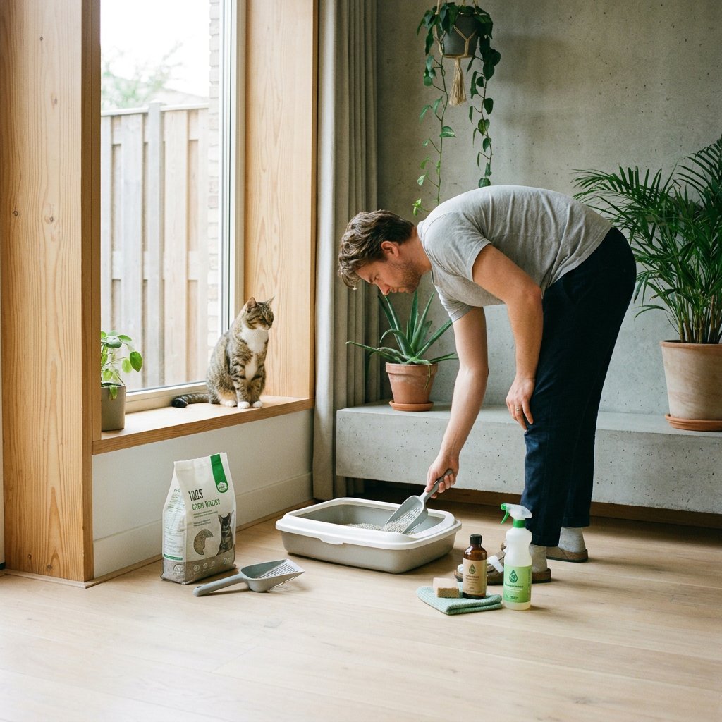 Katteneigenaar maakt een open kattenbak schoon in een lichte moderne woning, met een ontspannen kat nearby en frisse, opgeruimde sfeer.