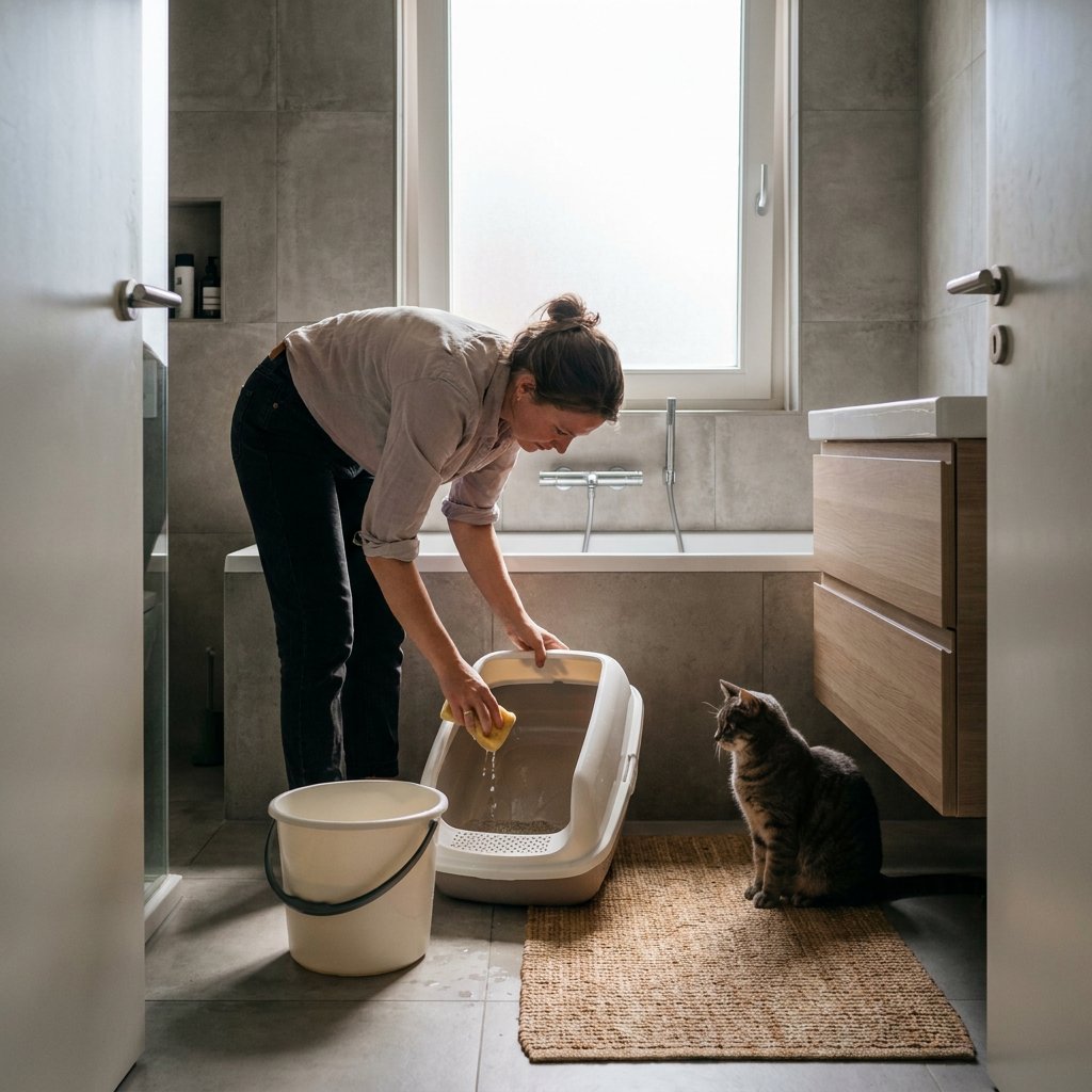 Open kattenbak in een schone moderne badkamer, eigenaar maakt de bak leeg terwijl een kat alert toekijkt bij zacht daglicht.