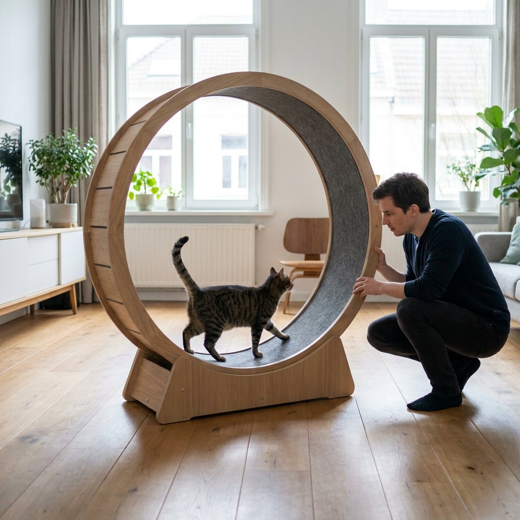 Een huiskat loopt in een modern kattenloopwiel in een lichte woonkamer, terwijl een eigenaar het formaat en ontwerp aandachtig bekijkt.