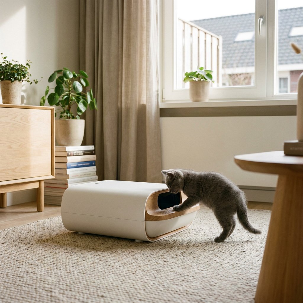 Jong kitten snuffelt nieuwsgierig aan een moderne automatische kattenbak in een rustige, lichte woonkamer, terwijl de omgeving schoon en veilig oogt.